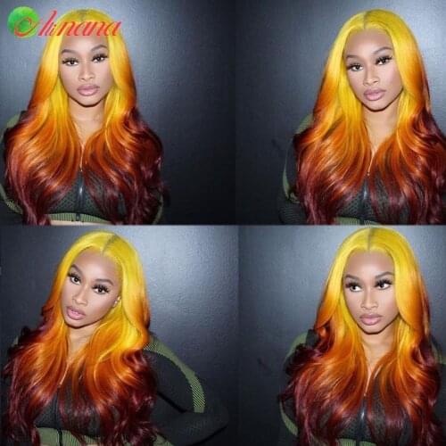 3 Tone Yellow Orange Red Ombre Color 13x4 Lace Frontal Wig Pre-Plucked Malaysian Human Hair Wigs For Black Women 150% Density
