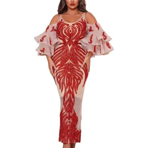 Grosfairy Sexy Long Sleeve Hollow Out Bodycon Red Evening Dresses 2021 New Women Party Sequins Shinning Red Elegant Vestido
