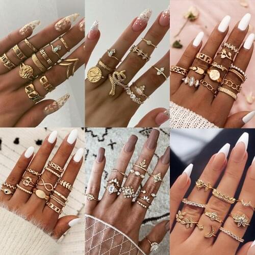 Boho Vintage Gold Star Knuckle Rings For Women BOHO Crystal Star Crescent Geometric Female Finger Rings Set Jewelry 2021