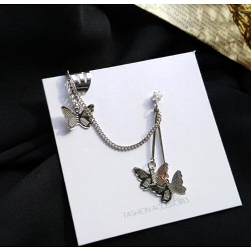 Japanese Korean Butterfly Tassel Earrings With Simple Character Chain One-Piece Aural Line Bone Clip For Female Earrings