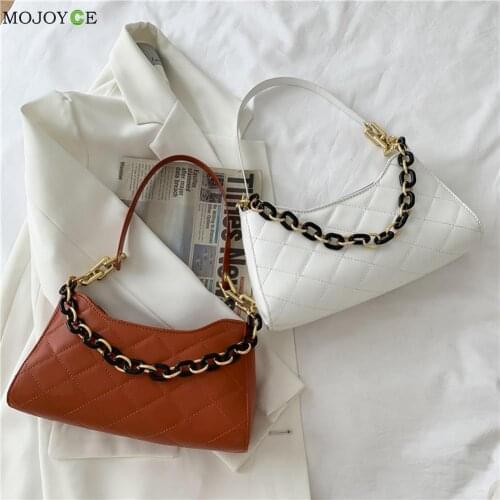 Vintage Women PU Leather Pure Color Chain Shoulder Underarm Hobos Bag Casual Ladies Lattice Pattern Handbag
