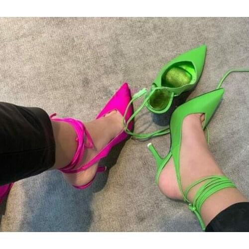 Moraima Snc Fashion Runway High Heel Shoes Candy Colors Satin Lace-up Thin Heels Pumps Women Sexy Sandals Slingback Dress Shoes