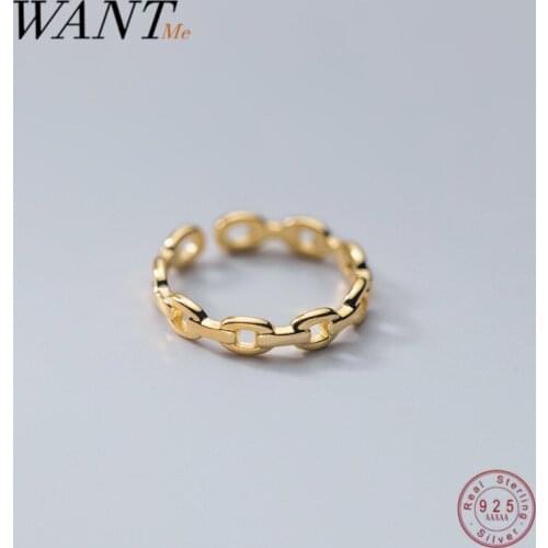 WANTME Real 925 Sterling Silver Minimalist Punk Rock Link Chain Goth Adjustable Finger Couple Ring for Women Rock Party Jewelry