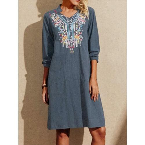 High quality cotton linen women dress retro embroidery V-neck pocket half-sleeved cotton elegant dresses linen comfortale health