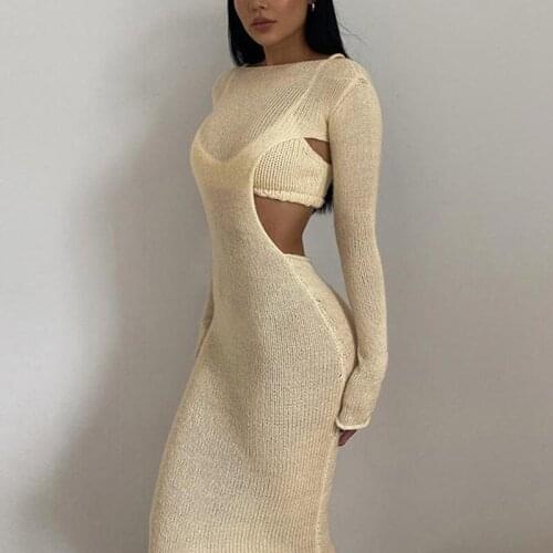 2021 Women Fall Winter Solid Bodycon See Through Midi Dress Long Sleeve Hollow Out Club Knitted Dresses Sexy Party For Female