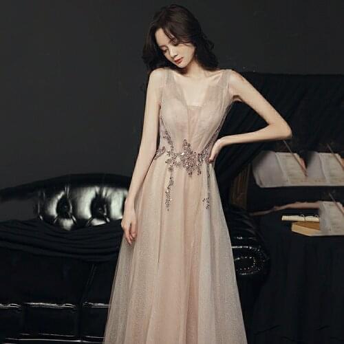 Elegant Nude Pink Prom Dresses V-neck A Line Shiny Lace Beading Pleat Beauty Pageant Princess Wedding Guests Evening Gown Formal