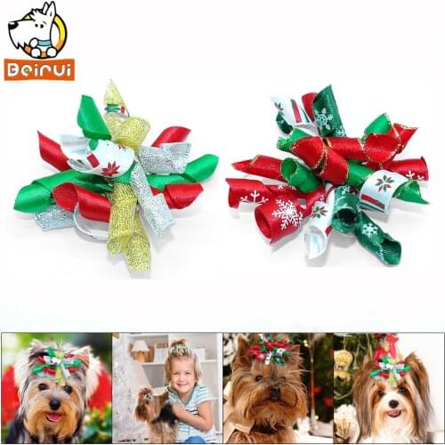10pcs Christmas Dog Hair Bow Handmade Fashion Hair Bowknot Festival Pets Grooming Small Dogs Long Hair Yorkie Pet Accessories