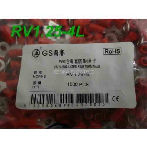 1000pcs/lot AWG22-16 0.5-1.5mm2 #8 Screw Bolt Nylon Insulated Ring Terminal Connector RV1.25-4