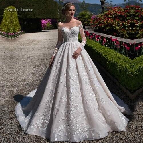 3D Embroidery Appliques Lace Long Sleeves Tulle Boho Wedding Dress For Women Princess Ball Gown Bridal Gowns Backless Back WD450