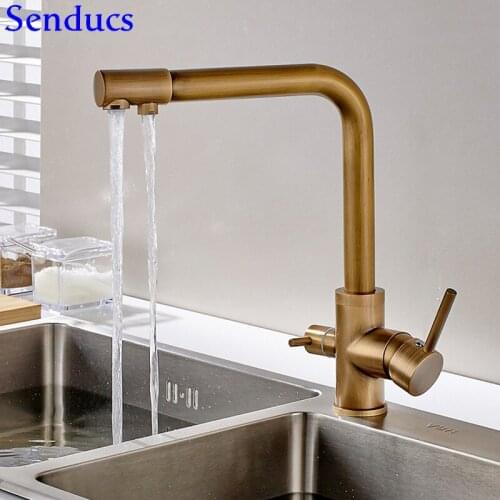 Senducs Health Antique Filter Kitchen Faucet Deck Mounted Brass Kitchen Sink Faucet Dual Handle Clean Walter Antique Faucet