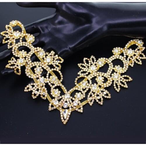 Iron on Diamante Appliques Bling Trims for Wedding Dresses Bridal HeadbandDelicate V-Neck Neckline Crystal Applique