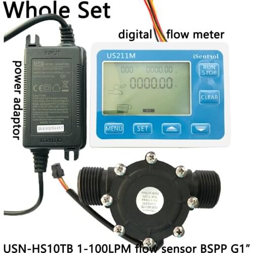 Digital Flow Meter US211M & USN-HS10TB PA66 Nylon Plastic Hall Flow Sensor Measurement 1-100L/min BSPP G1" Dijiang