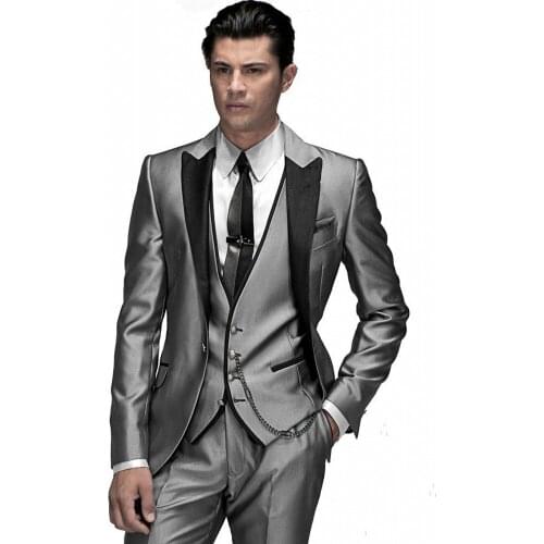Men Suits Shiny Sliver Grey Groom Tuxedos Peak Black Lapel Groomsmen Wedding Bridegroom ( Jacket+Pants+Vest+Tie ) D185