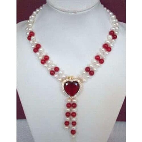 Natural pearl New Beautiful Fashion 2 Rows White Pearl & Red love Heart Jewelry Necklace Bridal -jewelry