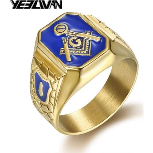 2018 New Blue Fashion Gold Color Mens Masonic Ring Casting Titanium Steel Freemasonry Masonic Rings for Men Jewelry bague homme