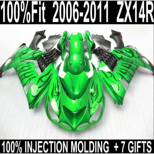 ABS plastic bodywork for Kawasaki zx14r 2006-2011 fairings Ninja ZX14R 06 07 08 09 10 11 fairing set black flames in grass green