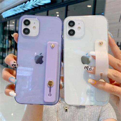 Ottwn Solid Color Clear Wrist Strap Phone Case For iPhone 12 Pro Mini Max 11 Pro Max X XR XS Max 7 8 Plus SE 2020 Soft TPU Cover