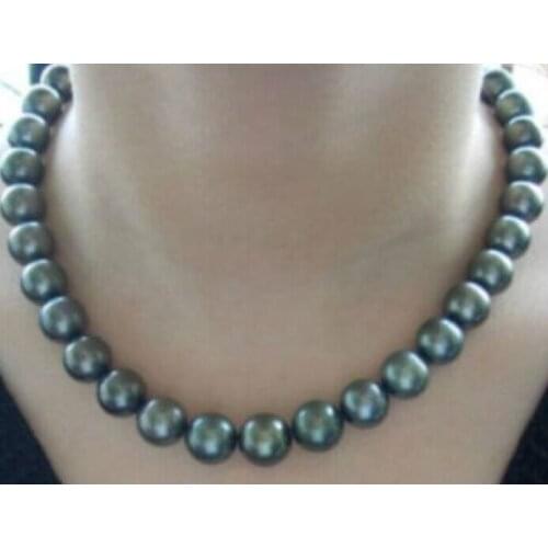 18"9-10MM NATURAL TAHITIAN BLACK GREEN ROUND PEARL NECKLACE 925 silver