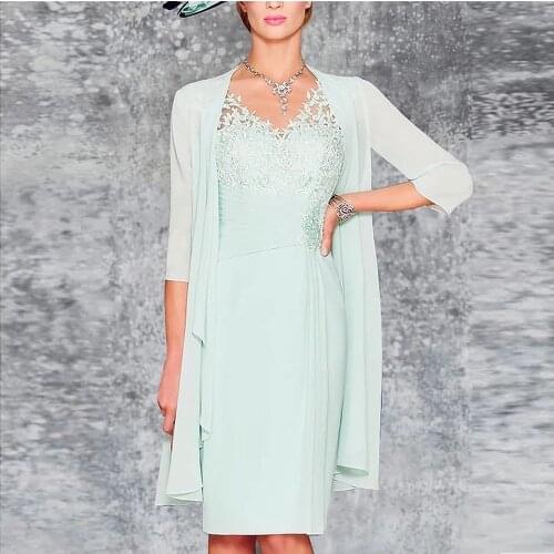Two Pieces Mother Of The Bride Dresses with Chiffon Jacket For Wedding Lace Beaded Summer Knee Length Mother Dresses Plus