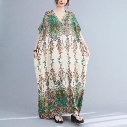 New 4xl 5xl 6xl Boho Maxi Long Dresses For Women Vintage Loose Oversize Floral Printing Summer Dress Female Elegant Cotton Dress