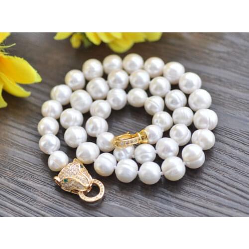 Natural breeding freshwater white pink pearl 9-10MM 18" leopard head clasp