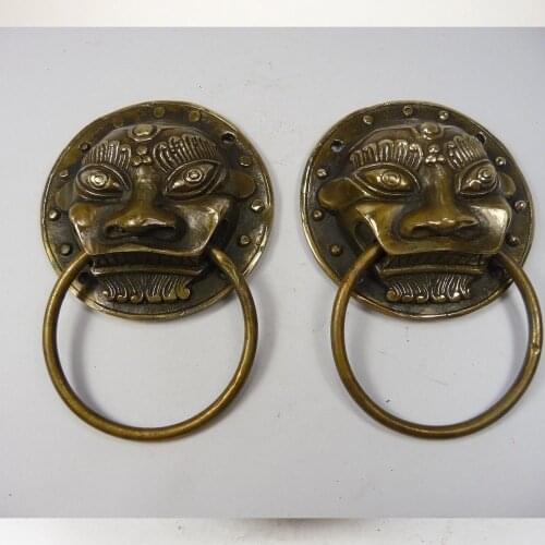 Crafts Arts A Pair Medicine decorated old handwork chinese copper carved lion 1 pair Doorknob statue NRR 2pcs Garden Bronze