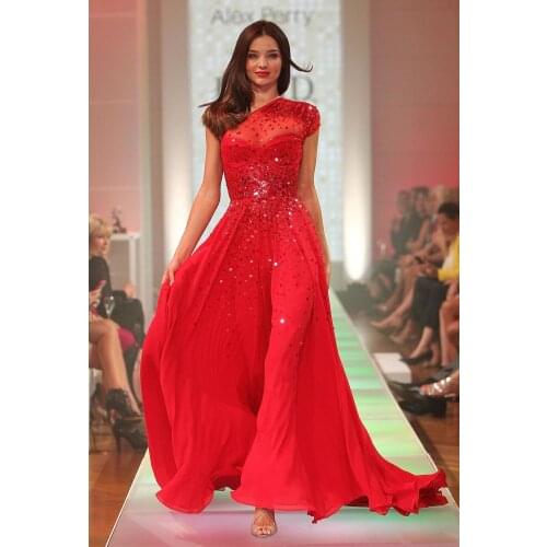 Celebrity dress T stage dress Miranda Kerr One shoulder A-line Pleat Floor Length beading Chiffon Prom Dress Custom made