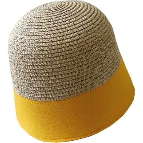 Japanese Style Women Summer Bowler Bucket Hat Color Block Straw Patchwork Harajuku Outdoor Sunscreen Wide Brim Fisherman 28GD