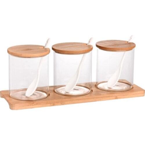 3Pcs/Set Glass Spice Jar With Spoon Spice Container Organizer Seasoning Cans Pepper Shaker Storage Box With Tray Kitchen