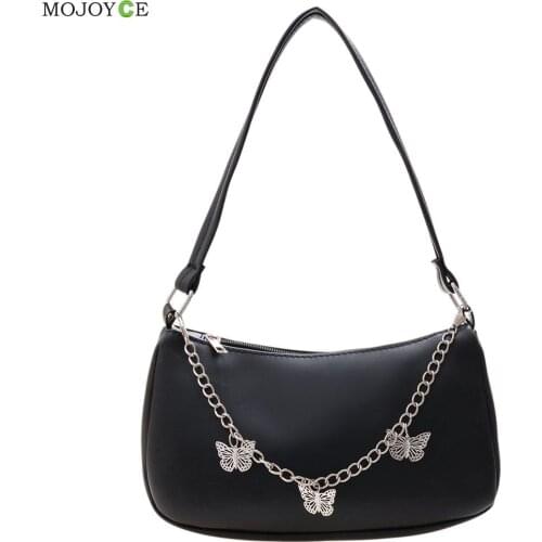 Stylish Butterfly Chain Shoulder Shopping Bags Women Small Pure Color Handbags Daily PU Leather Underarm Bags