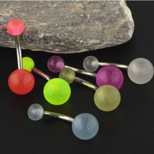 TIANCIFBYJS 200/600pcs Grow In Dark Belly Button Rings Steel 14G Banana Barbell Acrylic Ball Navel Piercing Body Jewelry 6 Color