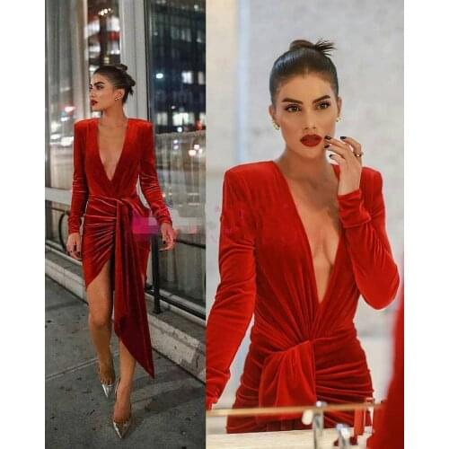 2021 New Red Velvet Celebrity Dresses Front Split Deep V Neck Short Long Sleeve Red Carpet Prom Party Dresses Evening
