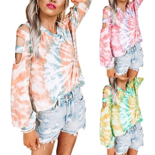 Womens Tie-dye Print Shirt Tops Fashion Wild Casual Long Sleeve Off Shoulder Round Neck Loose Blouse