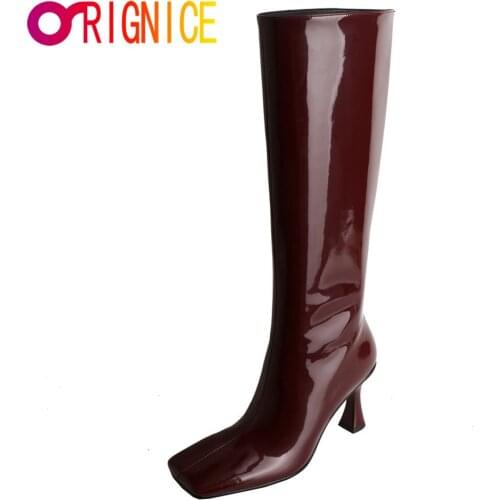 Orignice New Patent Leather Brand Design Women Knee High Boots Fashion Square Toe Top Quality Autumn Winter Strange Heel Shoes