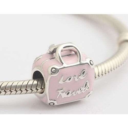 Authentic S925 Bead Pink Enamel Suitcase Charm for Women Bracelet Bangle DIY Jewelry