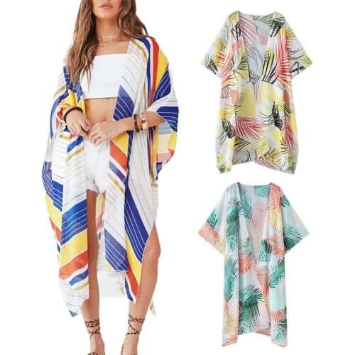 Women Chiffon Stripe Leaf Sun Protection Front Open 3/4 Sleeve Coverup Cardigan ropa verano mujer playa pareo sexy