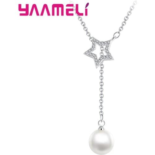 Unique 925 Sterling Silver Pearl Necklace Sparkling Austria Crystal Paved Star Long Drop Charm Choker for Women Fine Jewelry