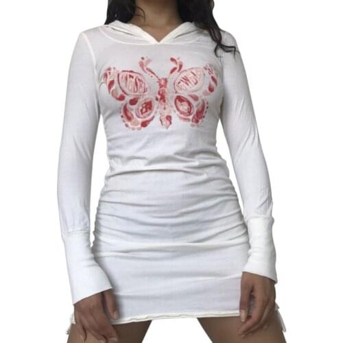Women Butterfly Printed Pattern Dress, White Long Sleeve Close-fitting Hooded Dresses Spring Autumn