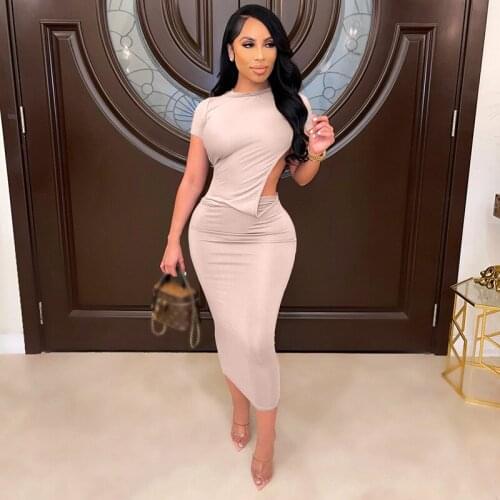 Casual Simple Solid Backless Long Party Dress Women Short Sleeve Body-shaping Skinny Dresses Elegant Female Clubwear Slim Robe