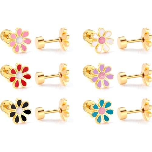 LUXUKISSKIDS 12pairs Wholesale Flower Earrings For Women Girl Stainless Steel Gold Silver Color Screw Back Stud Earrings Party