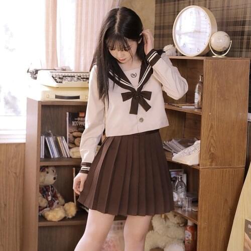 2021 Women Dresses Japanese Jk Uniforms Khaki Sailor Suit Anime Pleated Skirt Uniform Dress for High School Girls Students Y282