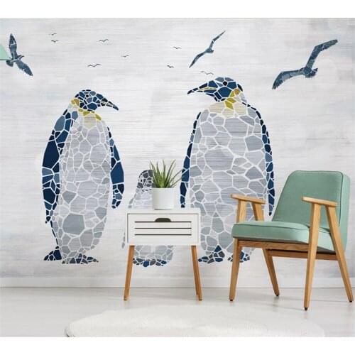 Beibehang Custom silk cloth mural fashion Nordic fresh bird penguin hand-painted modern home decoration background painting