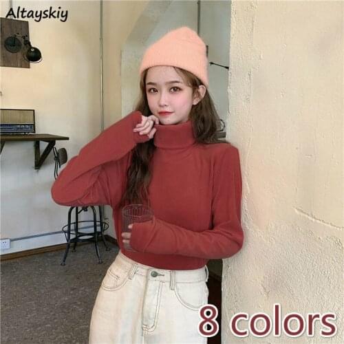 T-shirts Women Slim Thicker Solid Stretchable Warm Elegant All-match Lovely Trendy Mujer Clothes Newest Turtleneck Simple Tender