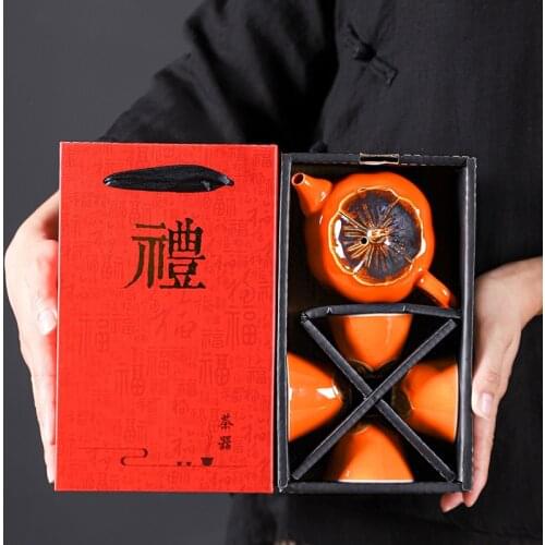 Chinese Travel Kung Fu Ceramic Tea Set 1 Teapot 4 Teacups Tea Ceremony Portable Persimmon Shape Teapot Exquisite Gift Box