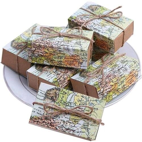 Hot 50 Pcs Around the World Map Favor Boxes Vintage Kraft Favor Box Candy Gift bag for Travel Theme Party Wedding Birthday Bri