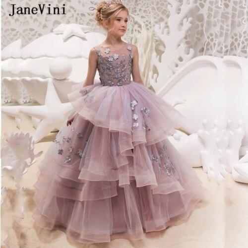 JaneVini Beautiful Princess Tulle Ball Gown Flower Girl Dresses 2019 Sleeveless Handmade Flowers Tiered Long Wedding Party Gowns