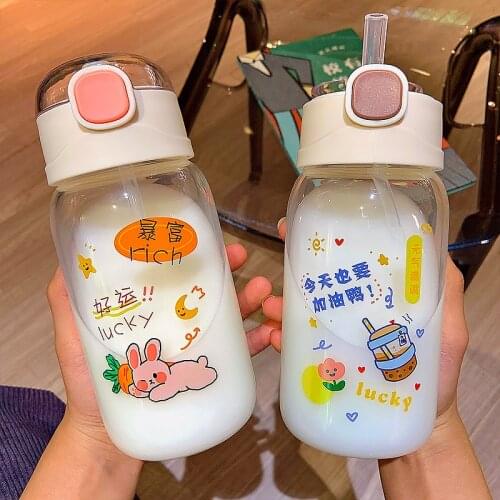 Creative Cute Girl Glass Water Bottle Portable Fashion Kids Straw Bottles Transparent Glass Student Sippy Drinking Water Cup