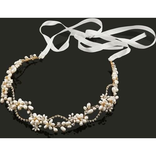 SLBRIDAL Ribbon Wired Rhinestone Crystal Pearls Flower Leaf Wedding Tiara Headband Bridal Hair Vine Bridesmaids Hair Accessories