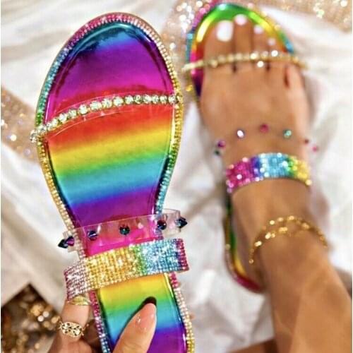 2021 Summer Rhinestone Sandals Flat Womens Shoes Outdoor Open Toe Slippers Fashion Plus Size 43