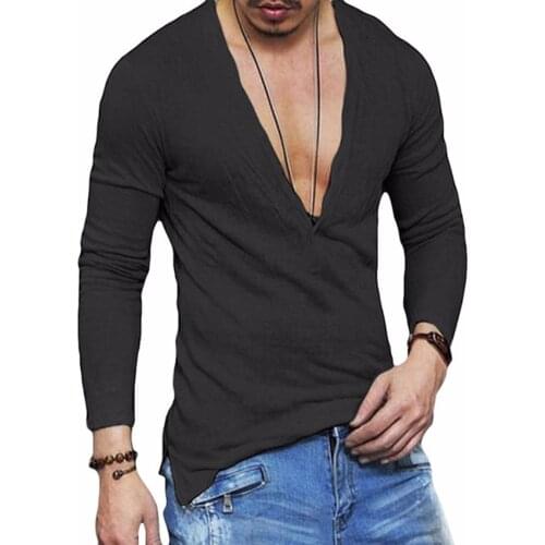 Fashion Mens Slim Fit Shirts Deep V-Neck Long Sleeve Casual T-Shirt Tee Tops B2